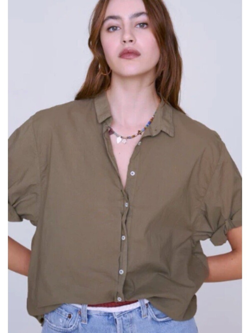 Xirena Channing Button Up Shirt Womens S Moss Green Short Sleeve Boxy Cotton - Picture 7 of 7
